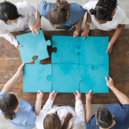 iMed puzzle graphic representing integrated hospital and practice management services